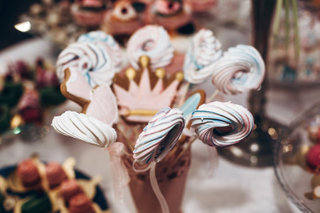 luxury wedding catering, table with modern pops desserts, cupcakes, sweets with fruits. delicious candy bar at expensive wedding reception. space for text. shower. holiday celebrationの写真素材