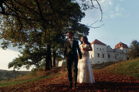Happy newlywed couple walking in park at sunset, beautiful bride and handsome groom holding hands while looking at sun, surrounded by nature, castle in the backgroundの写真素材