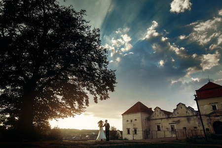 stylish luxury bride and groom dancing together in amazing evening sunny light near old castle at sunset. epic moment of beautiful wedding couple outdoorsの写真素材