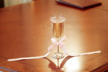 champagne glass on table for wedding ceremony register, catering at receptionの写真素材