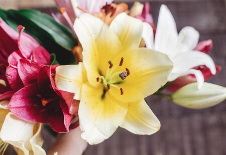 beautiful colorful lily flower bouquet on rustic wooden background. gorgeous bloom lilies on rustic wood backdrop. space for text. greeting card. spring holiday, woman mother dayの写真素材