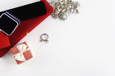 luxury ring and stylish necklace and gift box on white background, present and love concept, valentine's dayの写真素材