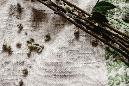 simple wooden easter eggs and willow buds and wax sticks on rustic napkin with embroideryの写真素材
