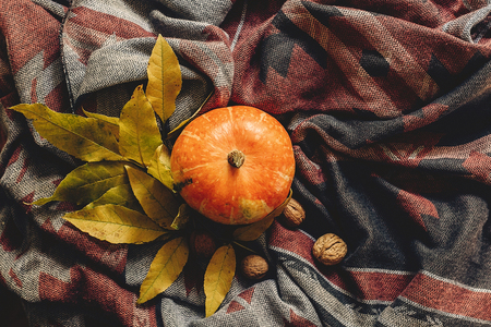 happy halloween or thanksgiving flat lay. autumn pumpkin with colorful leaves and walnuts on stylish hipster fabric scarf, space for text. seasonal greetings, fall holidays. harvest time. cozy moodの写真素材