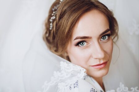 Face closeup of gorgeous bride with makeup and veil, beautiful bride portrait the morning before the weddingの写真素材