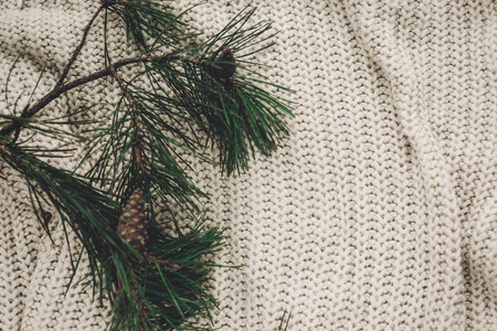 christmas tree branches and pine cones anise top view on rustic knitted sweater background, space for text. stylish christmas flat lay, seasonal greetings, happy holidaysの写真素材