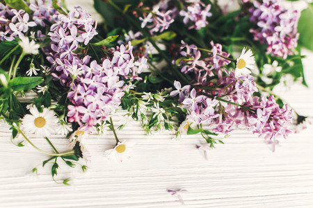 hello spring image. beautiful daisy  and lilac flowers with greenery on rustic white wooden background top view. space for text. greeting card. earth day. happy mothers woman day. ecoの写真素材