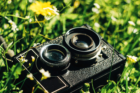 medium format film photo camera on green grass with flowers on sunny dayの写真素材