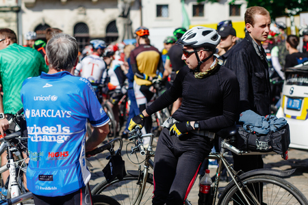Lviv, Ukraine - May 6, 2017: cycling marathon VIII Lviv 100km ride, 425 bicycles, in the streets of the city. participants and athletes riding bikes. poeple waiting for startのeditorial素材