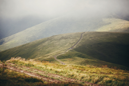 beautiful hill and path in foggy sunny mountains. scenery landscape of hills in the morning light, with clouds. summer travel and wanderlust. carpathians mountainsの写真素材