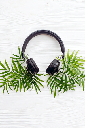 stylish black headphones with green palm leaves on white wooden background, flat lay. new fresh music concept. modern hipster travel and wanderlust image. summer vacationの写真素材