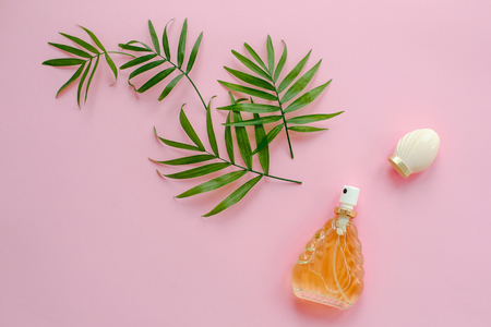 stylish bottle of perfume with spray of palm green leaves on pink background. creative trendy flat lay with space for text. modern image. perfumery and fresh scent conceptの写真素材