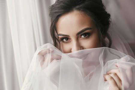 gorgeous bride portrait with make-up in the morning in room near window. beautiful woman getting ready for wedding day, holding veil and smiling. face close up. sensual momentの写真素材