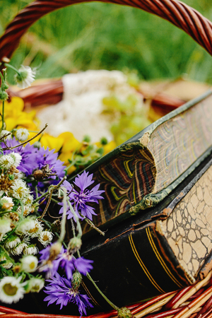 beautiful picnic wicker basket with colorful bouquet fruits and books on tweed plaid, close up, relaxing timeの写真素材