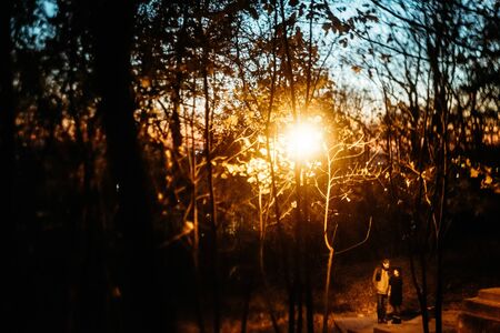 happy stylish couple hugging and holding hands with tender under yellow lantern  in night lights of the cityの写真素材
