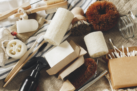 eco natural bamboo toothbrush, brush, crystal deodorant,luffa,ear sticks, metal straws, coconut soap, cotton bags, handmade detergent. zero waste. sustainable lifestyle conceptの写真素材