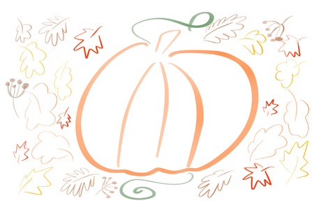 Hand draw simple  pumpkin sketch with leaves on white background isolated. Coloring. Autumn pattern. Happy Thanksgiving  illustration, seasonal greeting card.の写真素材
