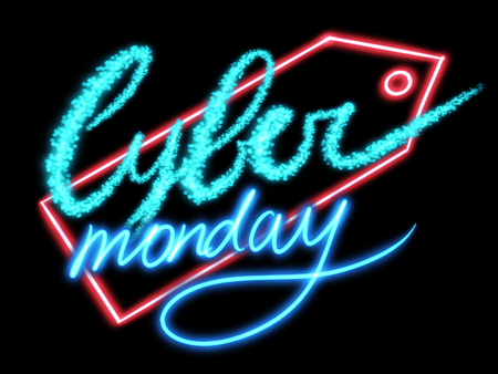 Cyber Monday sale concept.Handwritten neon sign Cyber Monday on red tag on black background, modern illustration. Big sale, special discount offer.の写真素材