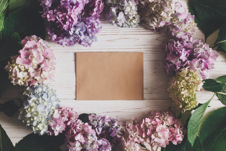 Happy mothers day greeting card mockup. International Women's day.Beautiful hydrangea flowers and...