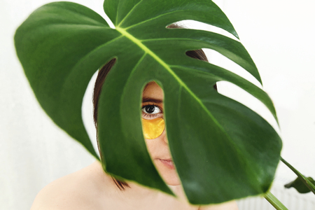Happy girl with natural skin and lifting anti-wrinkle collagen patches under eyes and green palm leaf. Portrait of beautiful young woman with golden eye patches on white.  Eye Skin Careの写真素材