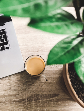 Freelance concept. Top view of coffee in glass cup and laptop on stylish wooden table with green plant. Working home. Phone photoの写真素材