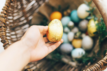 Easter hunt concept. Hand holding golden Easter egg and stylish eggs with green buxus branches in rustic wicker basket on white wooden background. Happy Easter.の写真素材