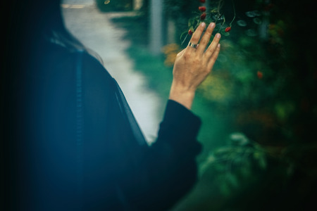 Stylish hipster girl walking in sunny light in park, atmospheric moment, back view. Fashionable woman holding branch at bush in evening. Selective focus. Space for text. Retro effectの写真素材