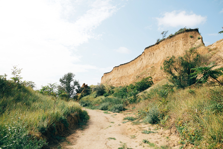 Beautiful sandy cliff with grass and trees on background of blue sky with clouds. Beach on tropical island at ocean bay or lagoon. Tranquil calm moment. Summer vacation. Copy spaceの写真素材