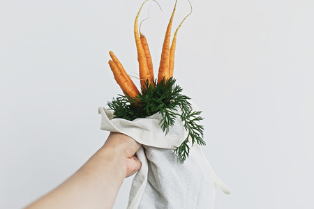 Choose plastic free. Hands holding reusable eco friendly canvas bag with fresh carrots and greenery on white background. Zero waste grocery shopping. Ban plastic.の写真素材