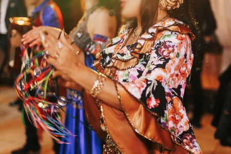 Gypsy dance festival, Woman performing romany dance and folk songs in national clothing. Beautiful...