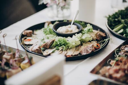 Smoked meat,sauce,cheese, parmesan, tomato, salad on plate at wedding or christmas feast. Modern Caesar salad. Luxury catering concept. Delicious italian food table at wedding reception.の写真素材