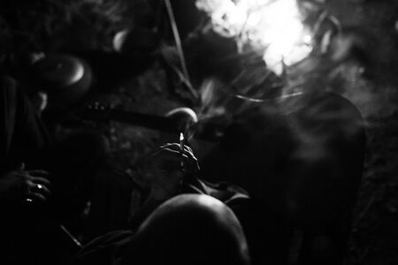 Hipster man smoking cigarette and holding acoustic guitar at big bonfire, chilling at camp in the...