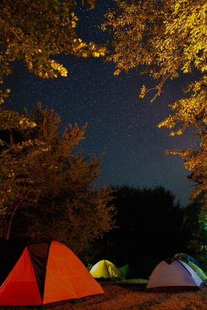 Tourists tent camp under amazing starry night sky with Milky way and stars in mountains. Camping under the beautiful stars and trees. Breathtaking scenicの写真素材