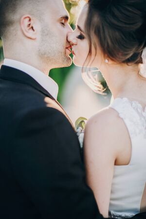 Groom gently kissing gorgeous bride in sunset light. Portraits of beautiful tender wedding couple...