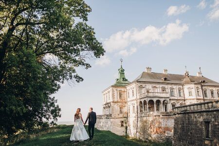 Gorgeous wedding couple walking in sunlight near old castle in beautiful park. Stylish beautiful bride and groom posing on background of ancient building and natureの写真素材