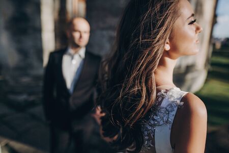 Gorgeous bride and groom posing in sunlight near old castle in park. Stylish wedding couple gently embracing and looking at each other. Romantic momentの写真素材