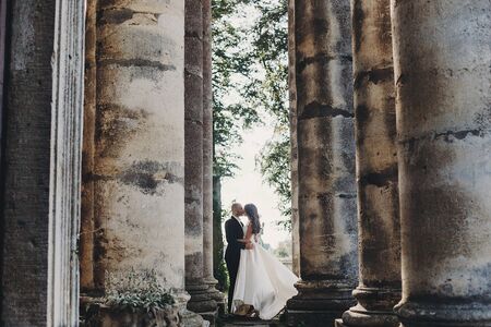 Gorgeous wedding couple embracing in sunlight near old castle in beautiful park. Stylish beautiful bride and groom gently kissing on background of ancient building and natureの写真素材