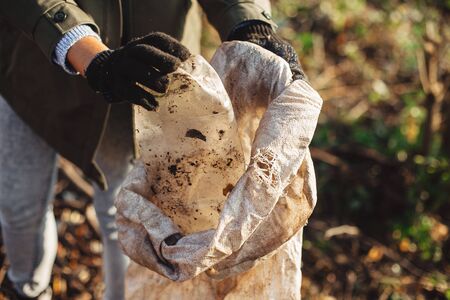 Volunteer picking up dirty plastic bottles in park. Woman hand in glove picking up trash, collecting garbage in bag. Cleaning up nature from single use plasticの写真素材