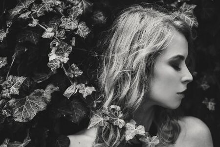Portrait of stylish woman under green ivy leaves in european city street. Fashionable woman in blue dress posing under green leaves on background of old wooden door in streetの写真素材