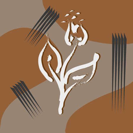 Stylish white flower illustration on contemporary grey background with brown spots and black lines. Modern tulip, abstract hand drawn vector. Hello springのイラスト素材