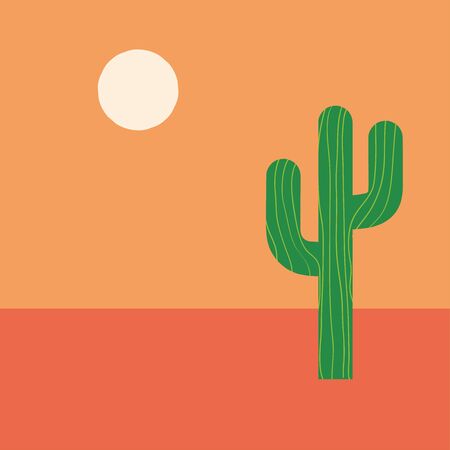 Simple green cactus in desert under warm sun, simple modern flat illustration. Nature landscape in desert. Mexican style. Modern Hand drawn vector illustrationのイラスト素材