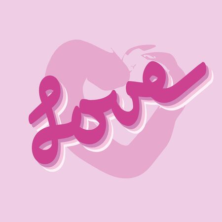 Love word  text on simple pink heart on pastel background. Happy valentines day greeting card. Love concept. Modern Hand drawn vector illustrationのイラスト素材