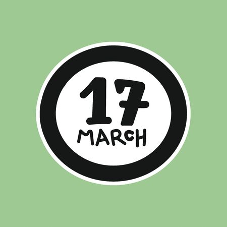 17 march text on pastel green background, flat illustration. Happy Saint Patricks day. March 17 calligraphy lettering sticker, emblem or icon. Irish holiday. Simple Hand drawn vectorのイラスト素材