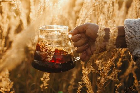Alternative coffee brewing outdoors in travel. Atmospheric rustic tranquil moment. Hipster holding fresh hot coffee in glass flask on background of sunny warm light in rural herbs.の写真素材