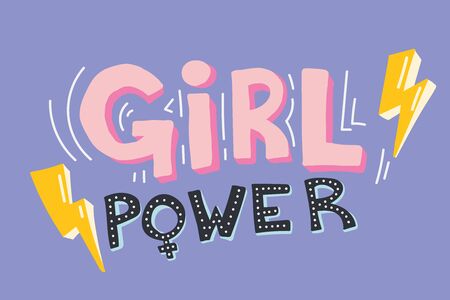 Girl power. Pink Girl power text on purple background with yellow lightning and gender female sign. Stylish Hand drawn vector.  Feminism, diversity and 8 march. Women rights. Womens dayのイラスト素材