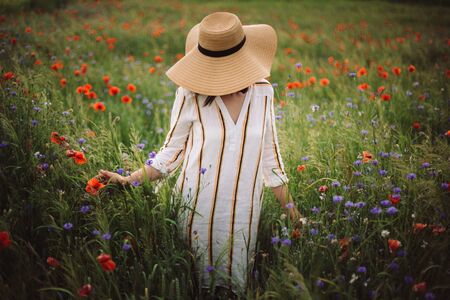 Young woman in linen dress and hat enjoying rural evening among poppy and cornflowers in countryside. Stylish girl in rustic dress walking in wildflowers in warm light in summer meadow.の写真素材