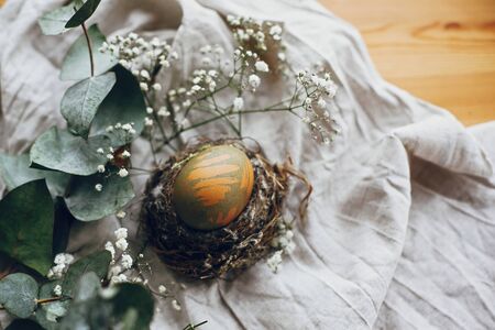 Stylish easter egg in rustic nest on wooden table. Natural dyed green easter egg with eucalyptus...