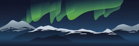 Beautiful north light and mountains peak covered with snow, landscape banner. Modern hand drawn vector in flat style. Traveling and exploring breathtaking arctic mountains, looking at polar lightのイラスト素材