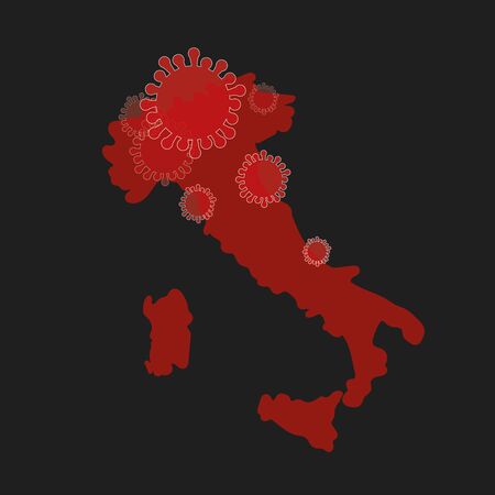Italy in red and Coronavirus bacteria on country map of Italy. Coronavirus epidemic. Disease outbreak. Hand drawn vector. Lockdownのイラスト素材