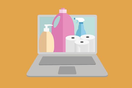 Shop online from home. Laptop screen with household cleaning items and products order for delivery....